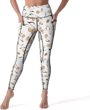 Athletic High Waist Yoga Pants Women's Workout Leggings with Pockets Exercise Tights White Music Notes Sports Trousers