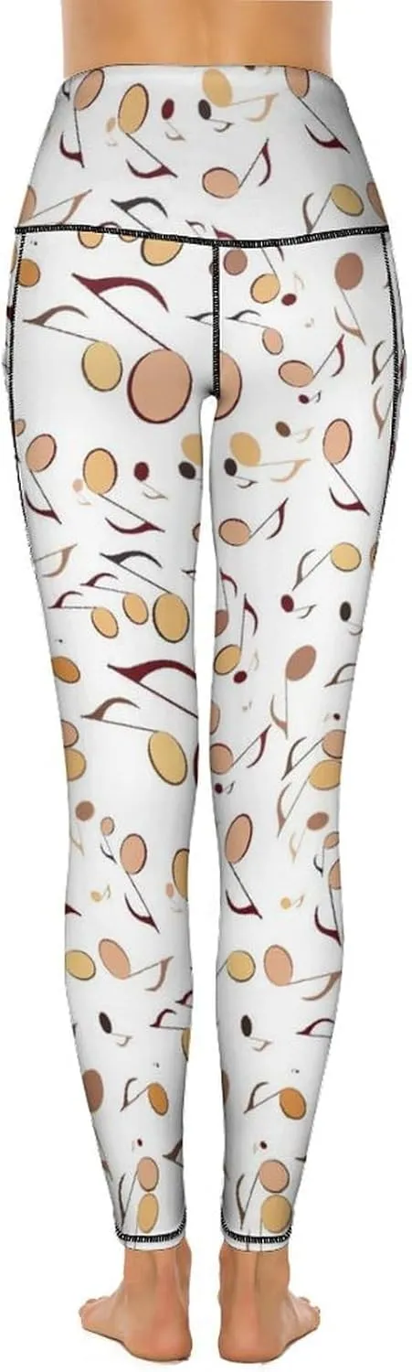 Athletic High Waist Yoga Pants Women's Workout Leggings with Pockets Exercise Tights White Music Notes Sports Trousers