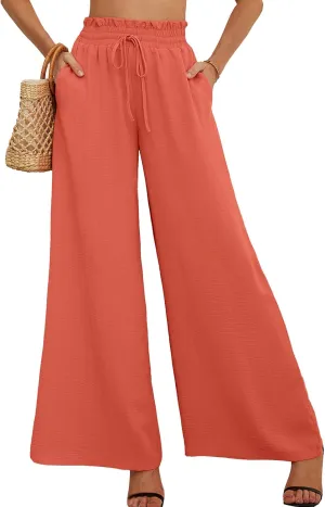 AusLook Women's Wide Leg Dress Pants with Pockets Lightweight High Waisted Adjustable Tie Knot Loose Lounge Trousers
