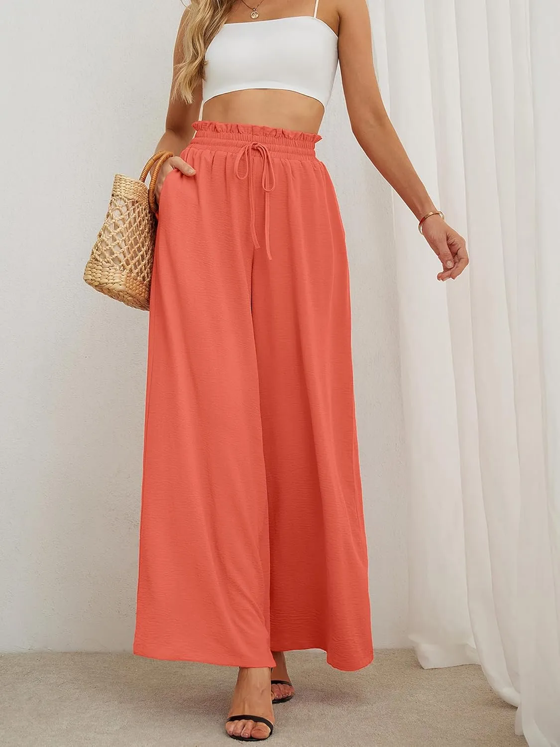 AusLook Women's Wide Leg Dress Pants with Pockets Lightweight High Waisted Adjustable Tie Knot Loose Lounge Trousers