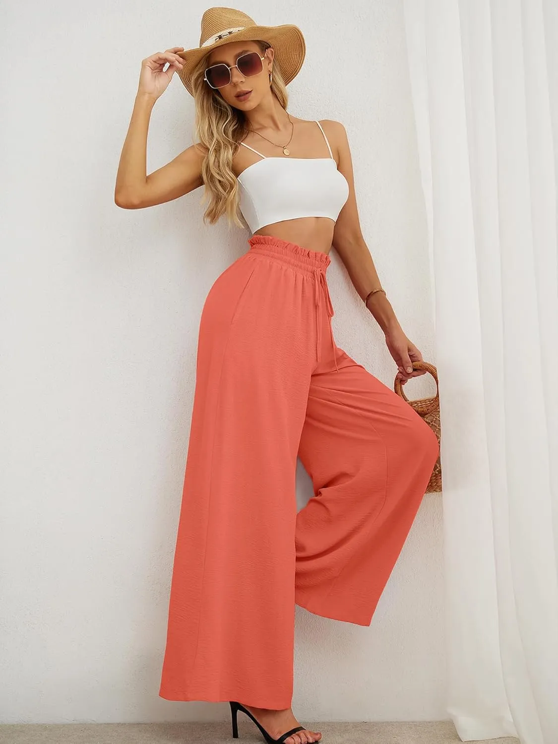 AusLook Women's Wide Leg Dress Pants with Pockets Lightweight High Waisted Adjustable Tie Knot Loose Lounge Trousers