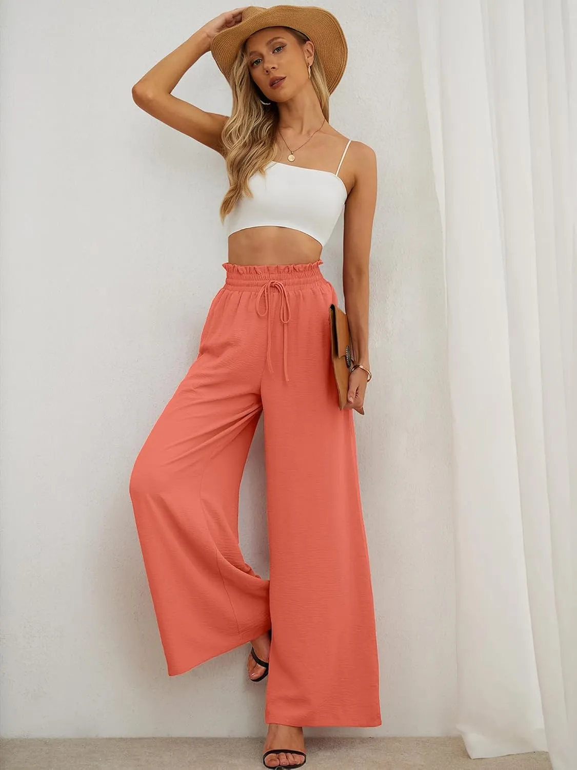 AusLook Women's Wide Leg Dress Pants with Pockets Lightweight High Waisted Adjustable Tie Knot Loose Lounge Trousers