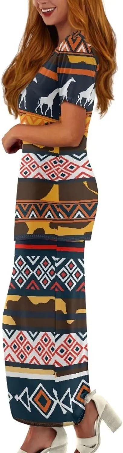 Aztec Native American High Waist Midi Skirt Set Women 2 Piece Summer Outfits Tops High Waist Midi Skirt Set
