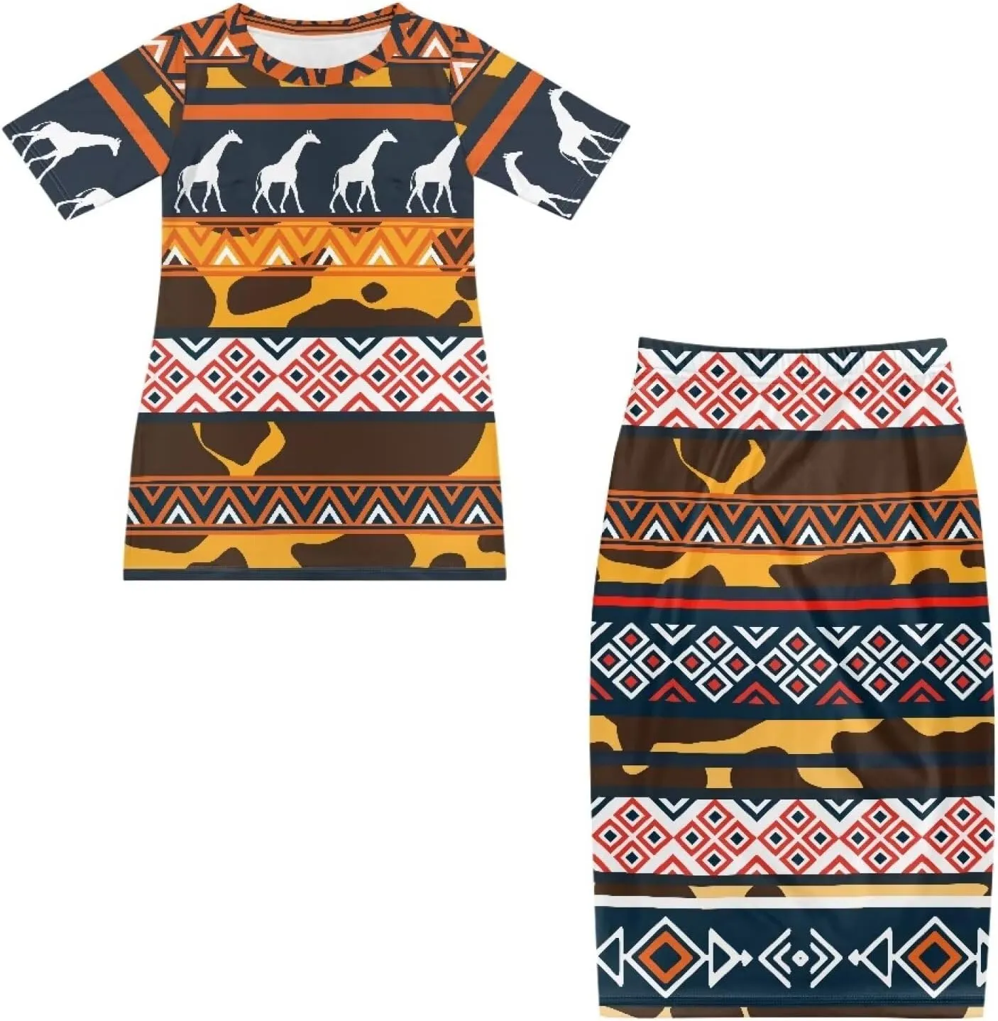 Aztec Native American High Waist Midi Skirt Set Women 2 Piece Summer Outfits Tops High Waist Midi Skirt Set