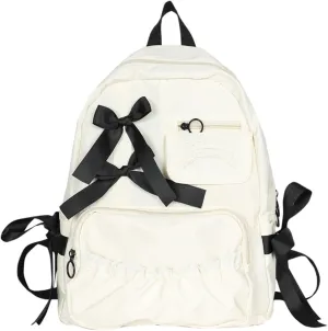 Backpack with Attached Bow-Knots - Ideal for Day-to-Day Use, Kawaii Backpack, Y2k, Aesthetic Cute Backpack (White)