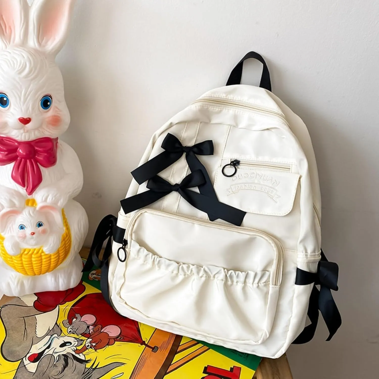 Backpack with Attached Bow-Knots - Ideal for Day-to-Day Use, Kawaii Backpack, Y2k, Aesthetic Cute Backpack (White)