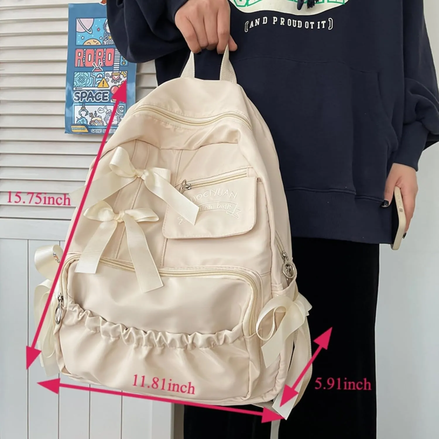 Backpack with Attached Bow-Knots - Ideal for Day-to-Day Use, Kawaii Backpack, Y2k, Aesthetic Cute Backpack (White)