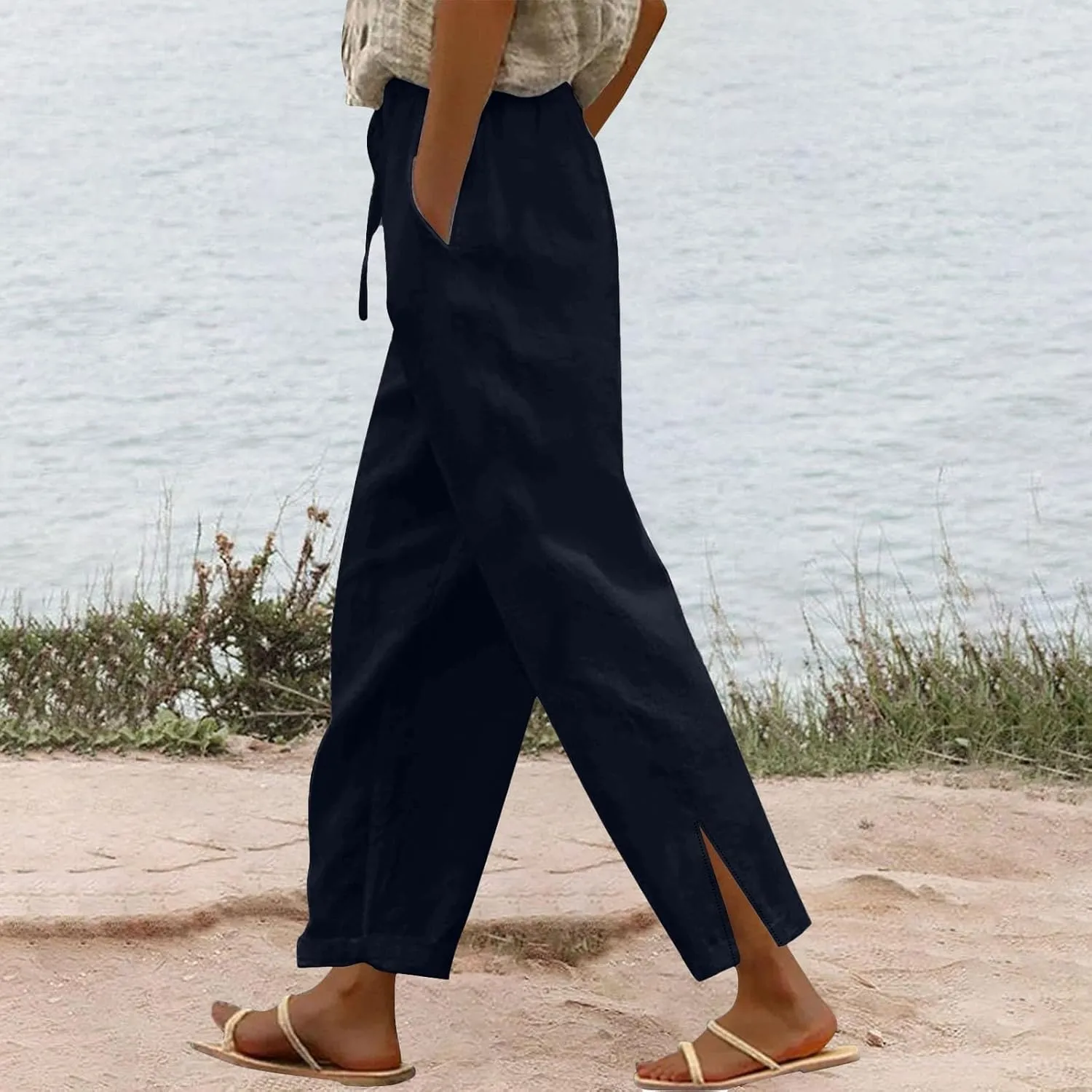 Baggy Linen Pants Women Summer Boho Lightweight High Waist Palazzo Pant Loose Comfy Straight Leg Pants with Pockets