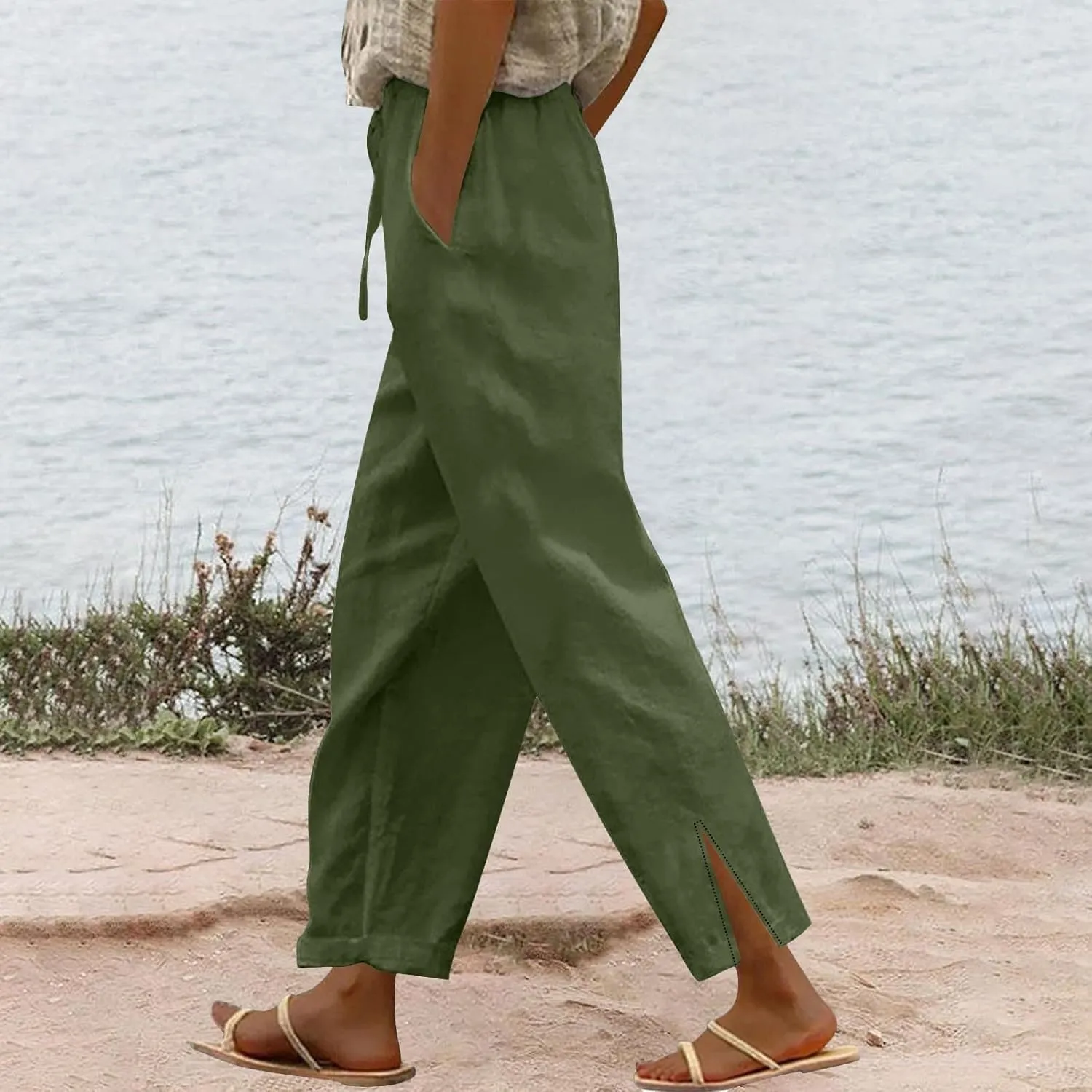 Baggy Linen Pants Women Summer Boho Lightweight High Waist Palazzo Pant Loose Comfy Straight Leg Pants with Pockets