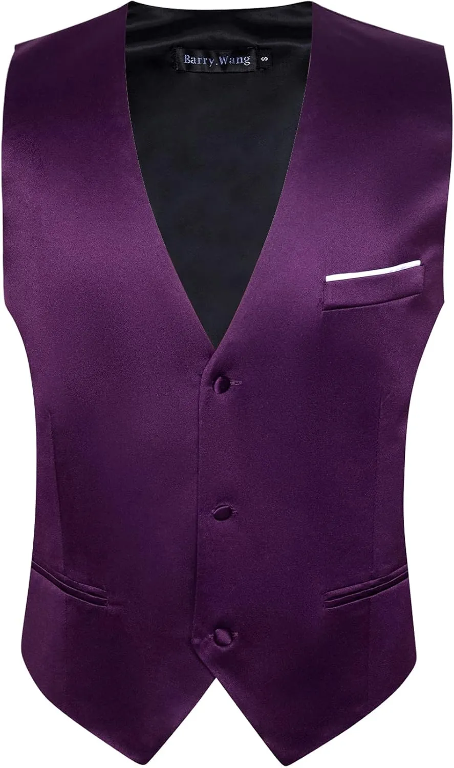 Barry.Wang Mens Satin Suit Vest Formal/Leisure V-neck 2 Pockets Wedding Party Tuxedo Waistcoat