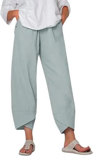 Boho Capri Pants for Women Japanese Asian Palazzo High Elastic Waist Trousers Pants with Pockets Summer Beach