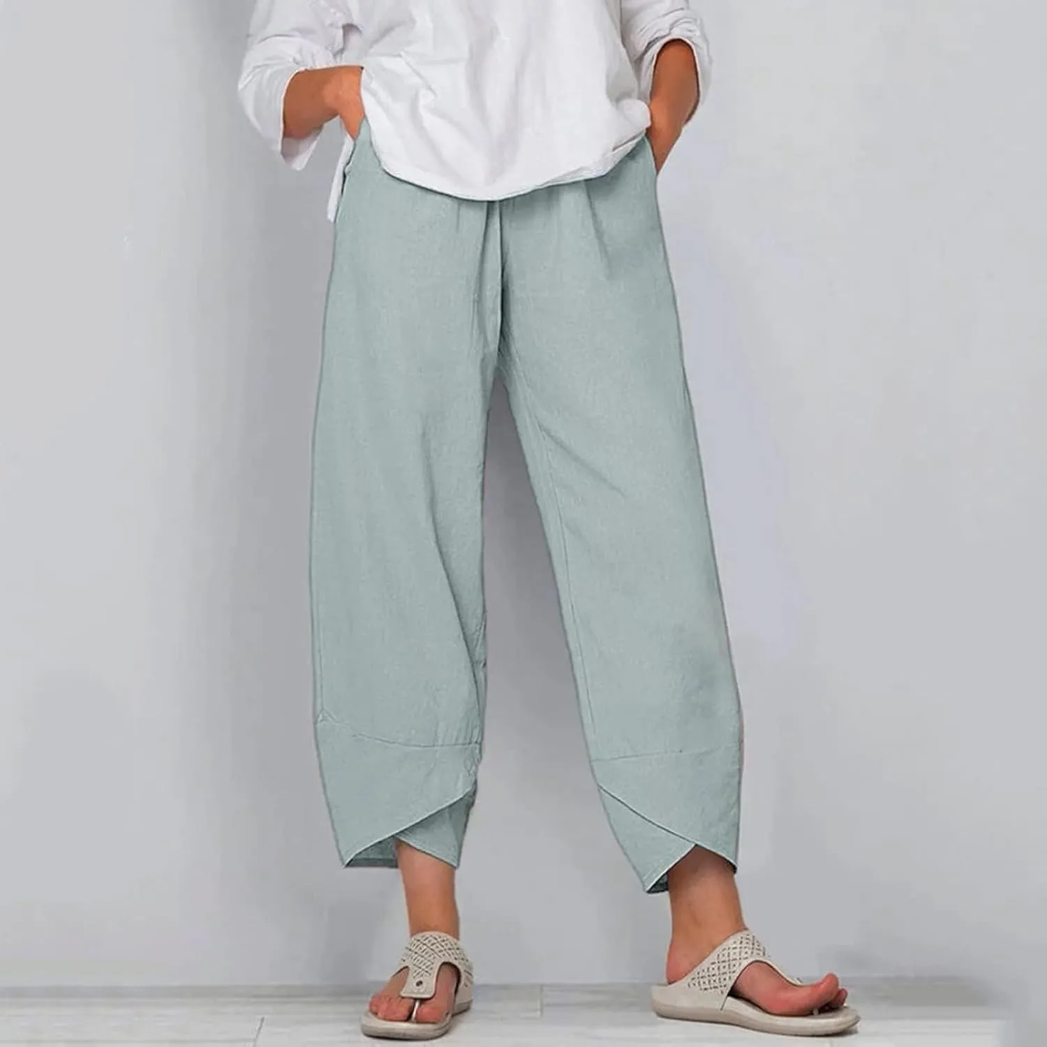 Boho Capri Pants for Women Japanese Asian Palazzo High Elastic Waist Trousers Pants with Pockets Summer Beach