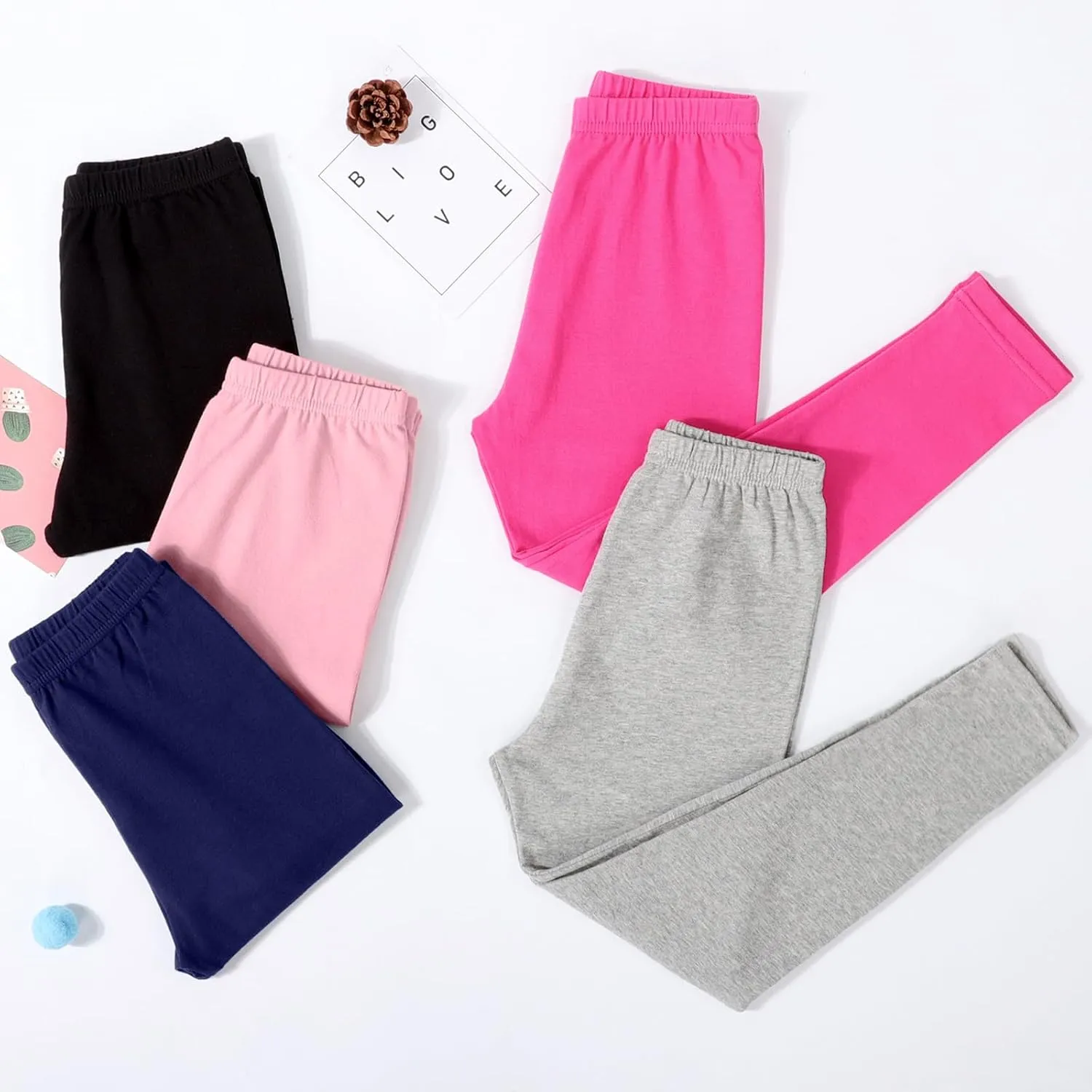BOOPH 5 Pack Girls Leggings Cotton Full Length Stretchy Kids Pants Footless 5-14 Years