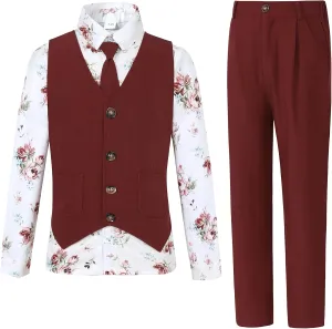 Boys Suit for Formal Occasions 4 Pieces Suit Sets Including Vest Printed Pants Dress Shirt and Tie for 6-10 Years