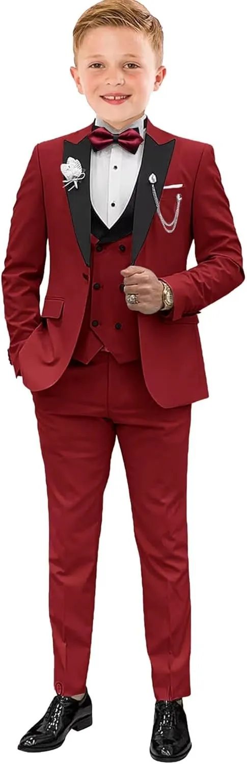 Boys Suits Slim Fit 5 Piece Toddler Tuxedo Suit Set for Teen Boy Formal Dress Clothes Peaked Lapel Kids Wedding Outfit
