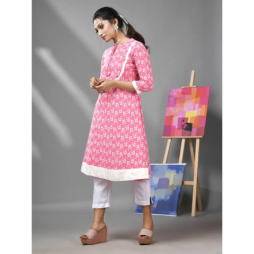 CHARUKRITI Pink and White Cotton Floral Printed Kurta with Pant (Set of 2)