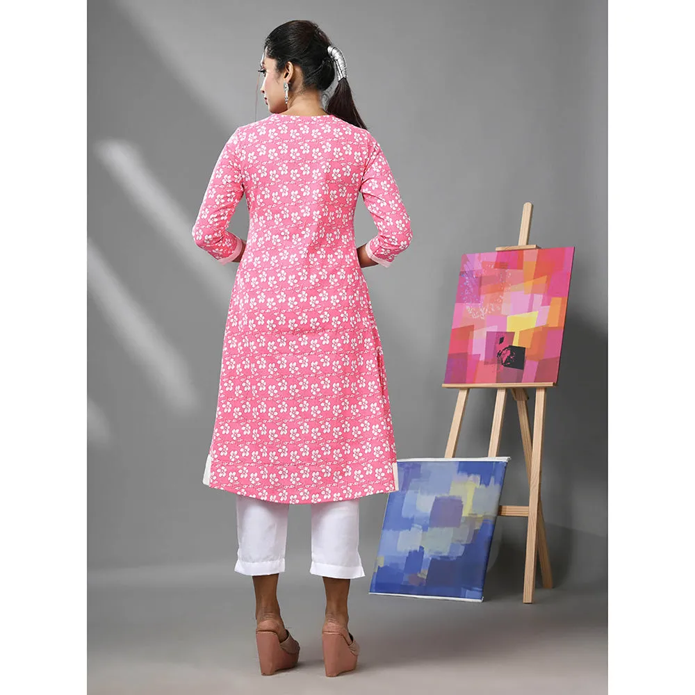 CHARUKRITI Pink and White Cotton Floral Printed Kurta with Pant (Set of 2)