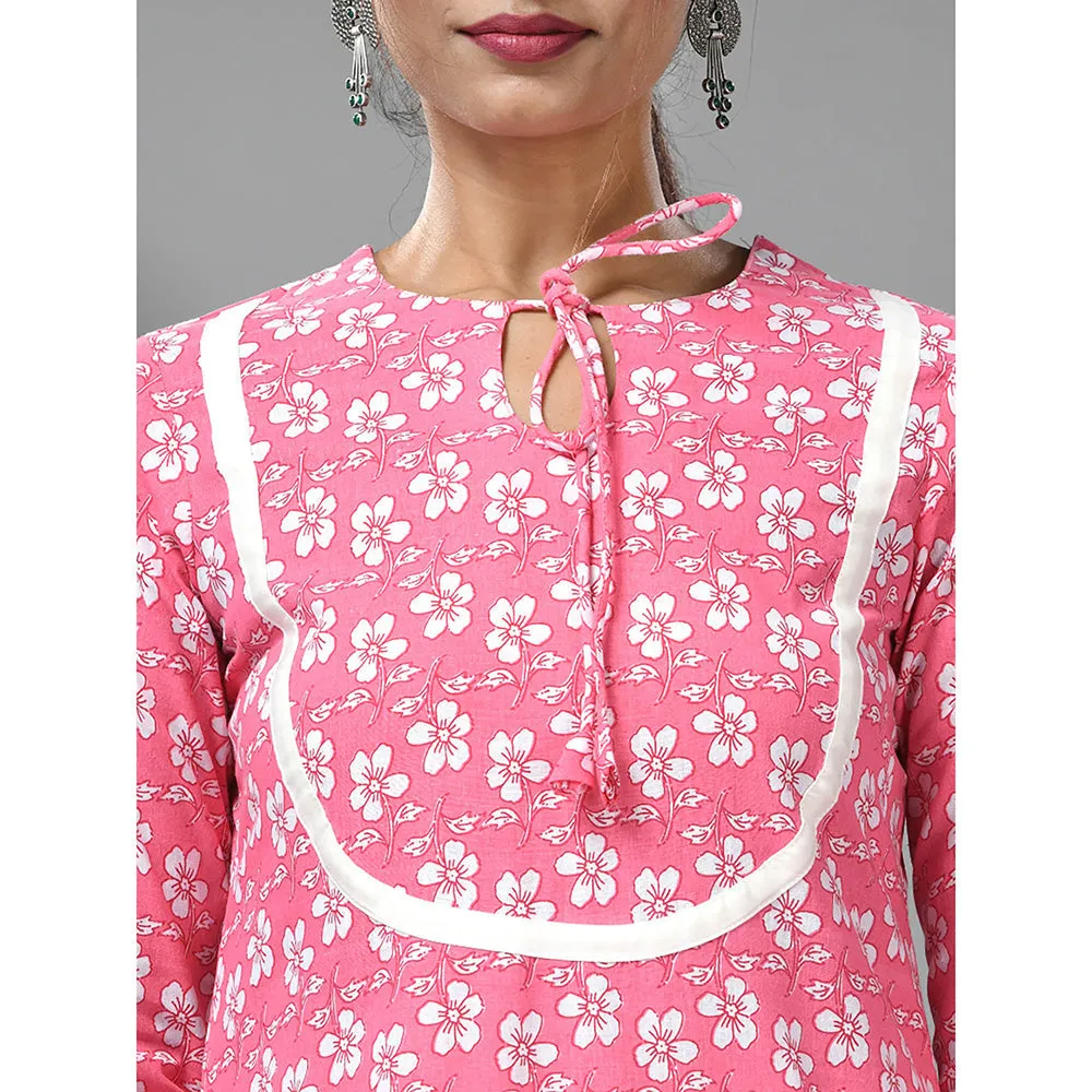CHARUKRITI Pink and White Cotton Floral Printed Kurta with Pant (Set of 2)