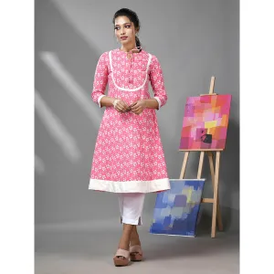 CHARUKRITI Pink and White Cotton Floral Printed Kurta with Pant (Set of 2)