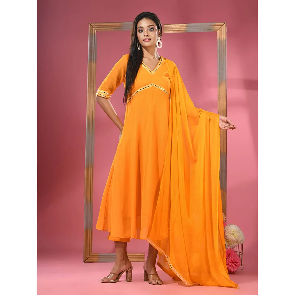 CHARUKRITI Yellow Georgette Gathered Suit with Dupatta (Set of 3)