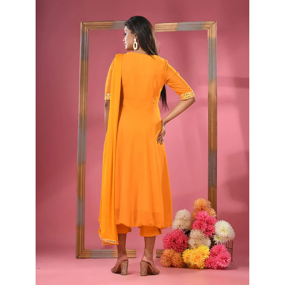 CHARUKRITI Yellow Georgette Gathered Suit with Dupatta (Set of 3)