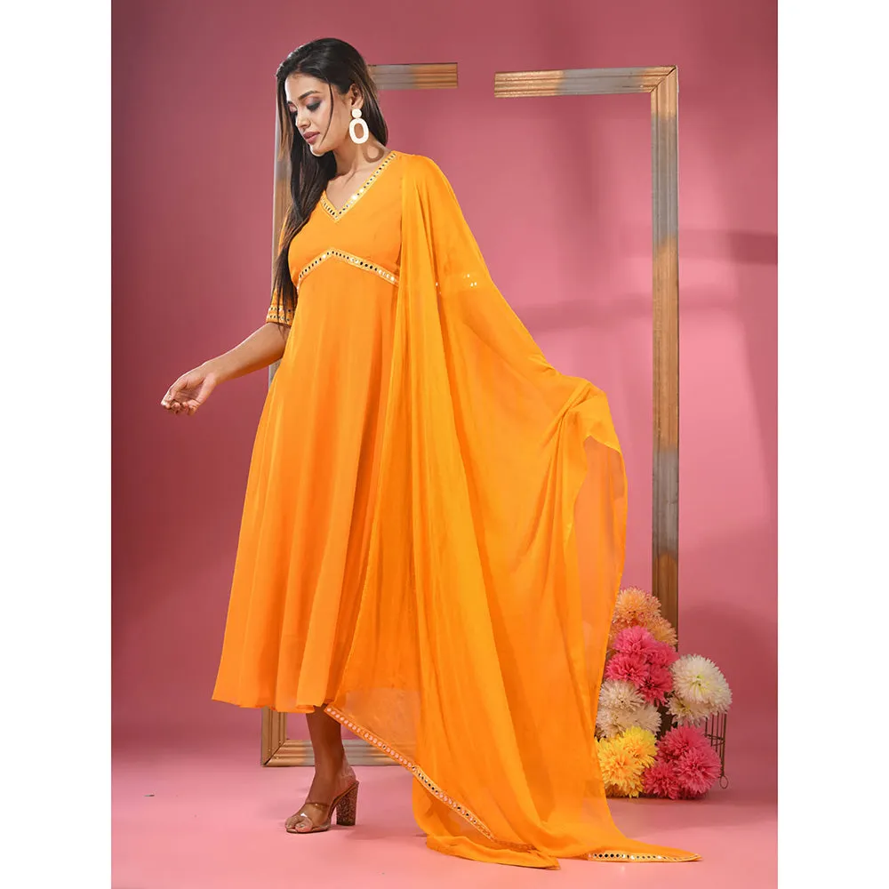 CHARUKRITI Yellow Georgette Gathered Suit with Dupatta (Set of 3)