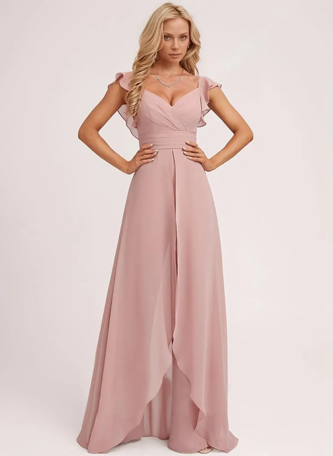 Chiffon Bridesmaid Jumpsuit for Women V Neck Elegant Wedding Guest Jumpsuit Pleated Formal Outfit