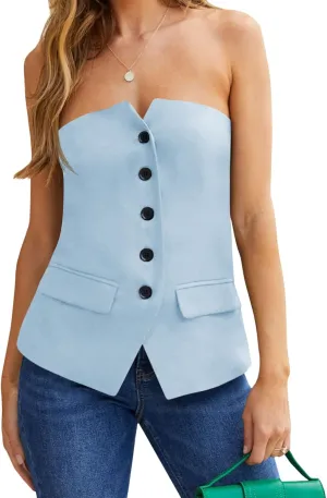 Cicy Bell Womens Notched Neck Tube Tops Blazer Sleeveless Button Fitted Strapless Work Blazer Vest Sky Blue, Medium