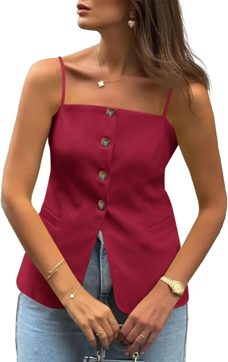 Cicy Bell Womens Summer Spaghetti Strap Vest Tops Dressy Casual Button Down Waistcoat Fitted Split Hem Sleeveless Suit Blazer