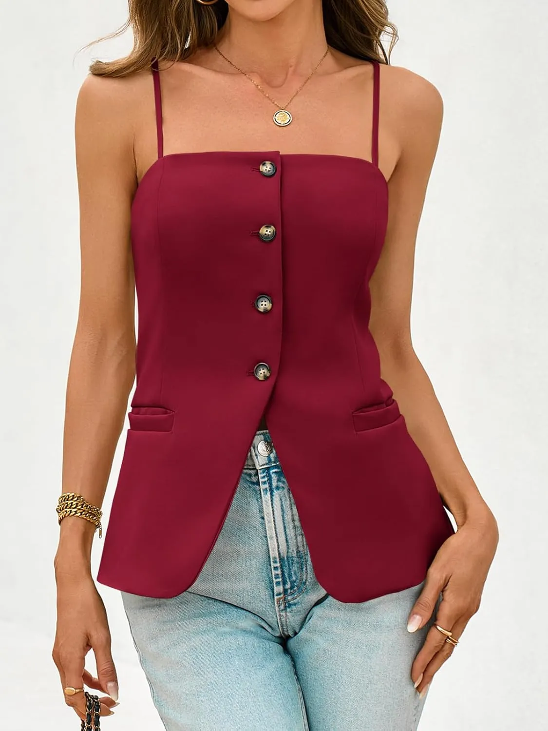 Cicy Bell Womens Summer Spaghetti Strap Vest Tops Dressy Casual Button Down Waistcoat Fitted Split Hem Sleeveless Suit Blazer