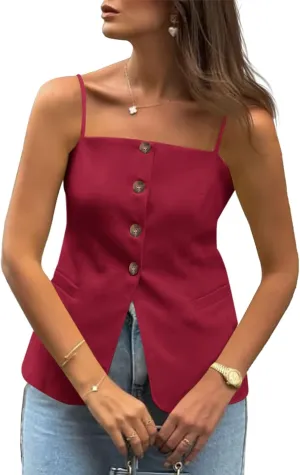 Cicy Bell Womens Summer Spaghetti Strap Vest Tops Dressy Casual Button Down Waistcoat Fitted Split Hem Sleeveless Suit Blazer