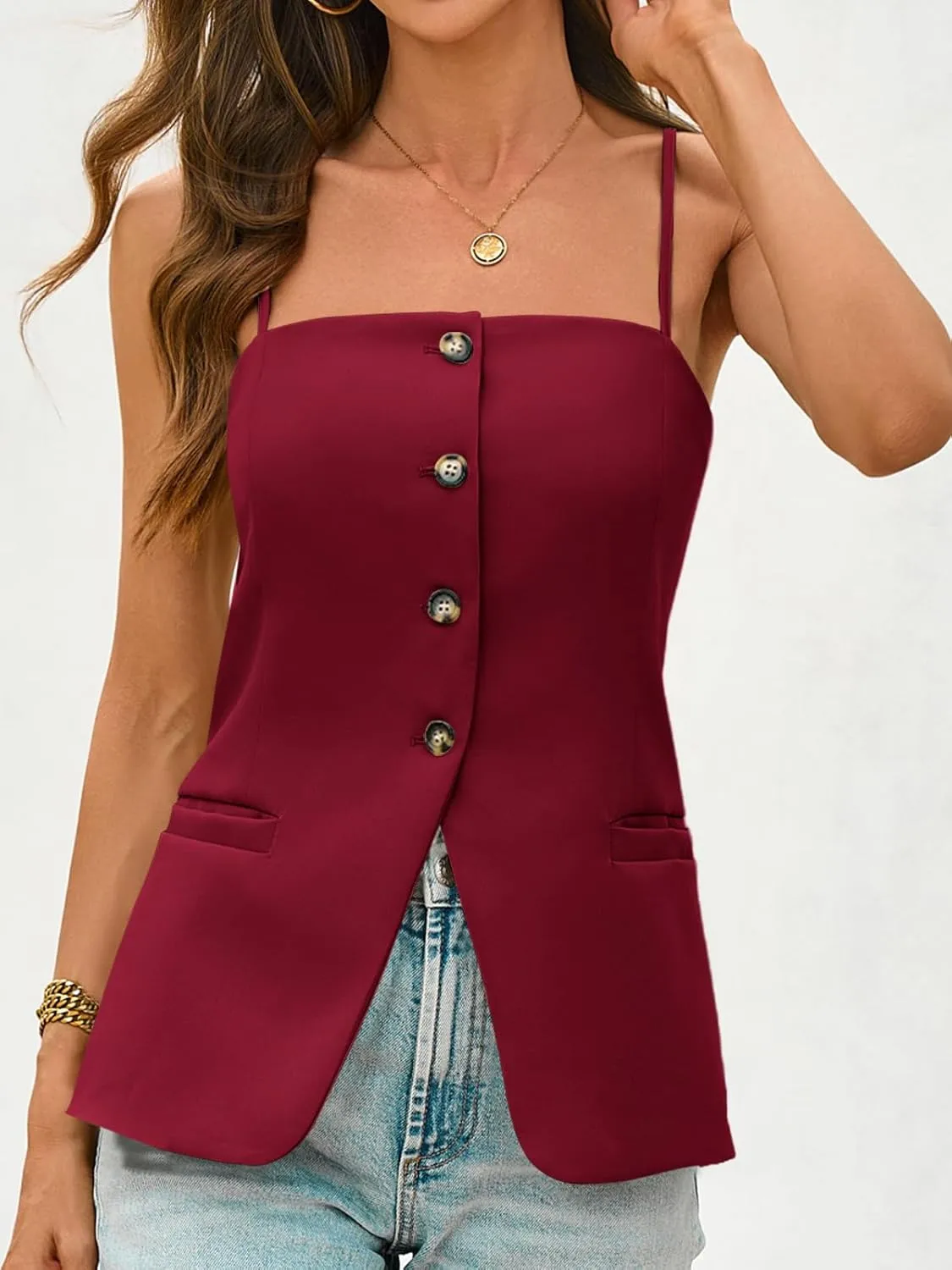 Cicy Bell Womens Summer Spaghetti Strap Vest Tops Dressy Casual Button Down Waistcoat Fitted Split Hem Sleeveless Suit Blazer