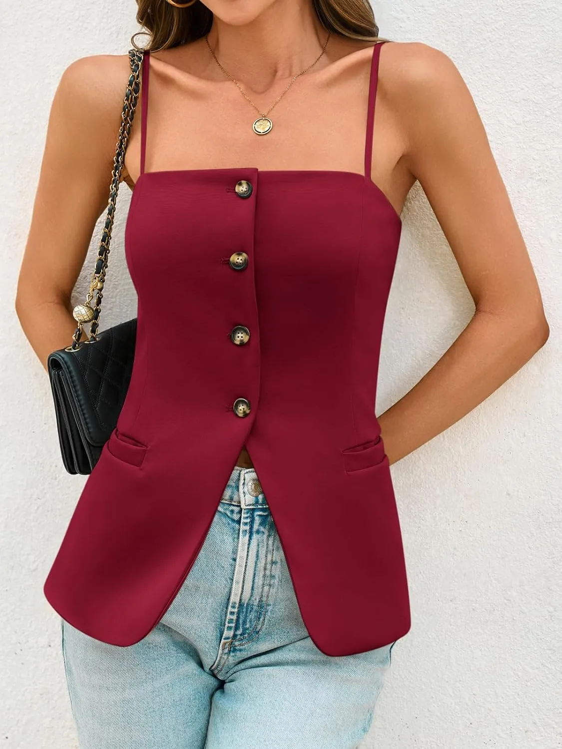 Cicy Bell Womens Summer Spaghetti Strap Vest Tops Dressy Casual Button Down Waistcoat Fitted Split Hem Sleeveless Suit Blazer