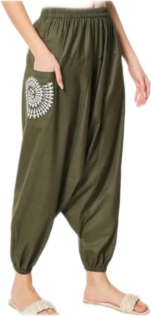 Cotton Printed Pockets Drop-Crotch Boho Harem Pants for Yoga Casual Evening Green
