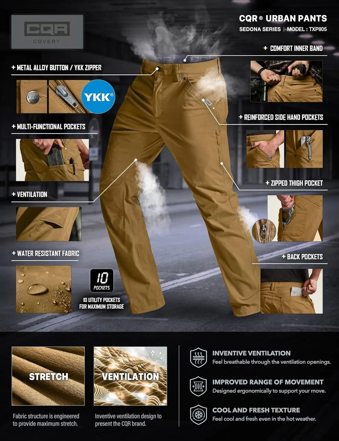 CQR Men's Vent Stretch Pants, Quick Dry Lightweight Casual Cargo Pants, Water Resistant Straight-Fit Utility Work Pants