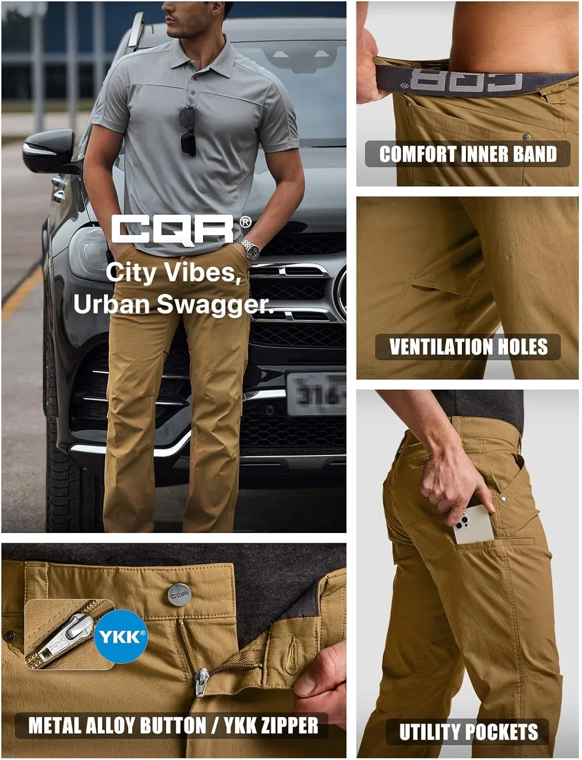 CQR Men's Vent Stretch Pants, Quick Dry Lightweight Casual Cargo Pants, Water Resistant Straight-Fit Utility Work Pants