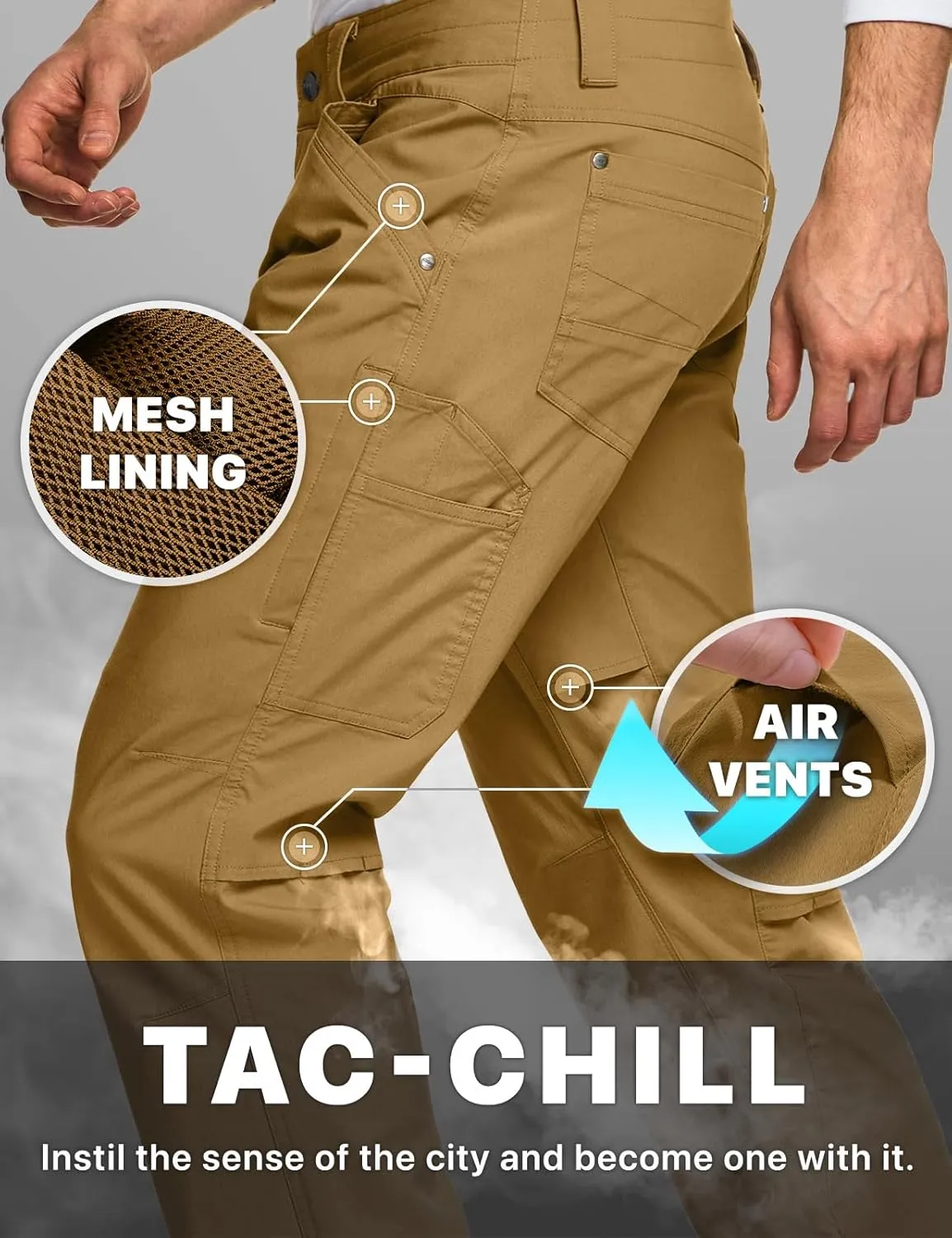 CQR Men's Vent Stretch Pants, Quick Dry Lightweight Casual Cargo Pants, Water Resistant Straight-Fit Utility Work Pants