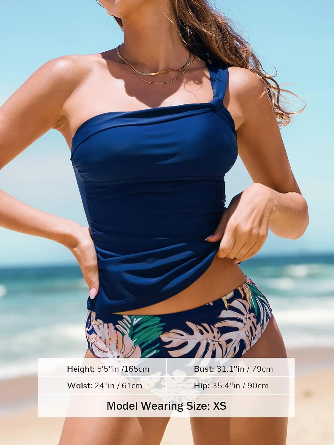 CUPSHE Women's Tankini Sets One Shoulder Neck Adjustable Straps Two Piece Bathing Suits Ruched Mid Rise Swimwear