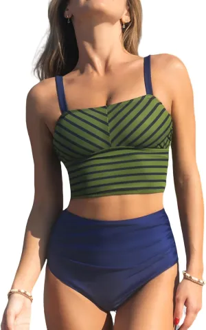 CUPSHE Women's Tankini Sets Square Neck Elastic High Waisted Two Piece Bathing Suits Adjustable Straps Swimwear