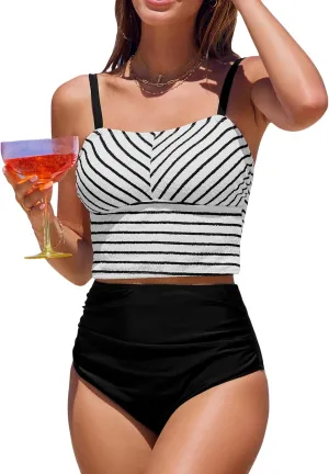 CUPSHE Women's Tankini Sets Square Neck Elastic High Waisted Two Piece Bathing Suits Adjustable Straps Swimwear