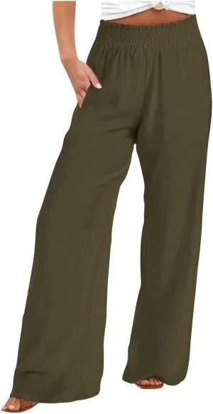 DASAYO Linen Pants Women Smocked High Waisted Palazzo Pants Flowy Suummer Trousers Casual Wide Leg Lounge Pants with Pockets