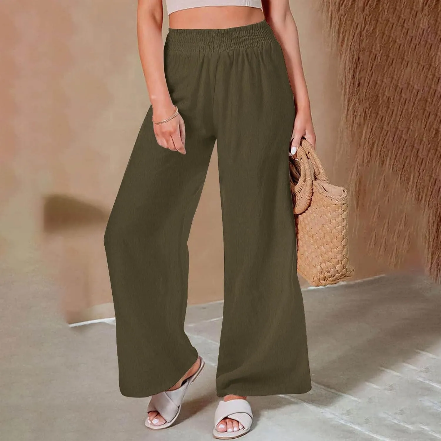 DASAYO Linen Pants Women Smocked High Waisted Palazzo Pants Flowy Suummer Trousers Casual Wide Leg Lounge Pants with Pockets
