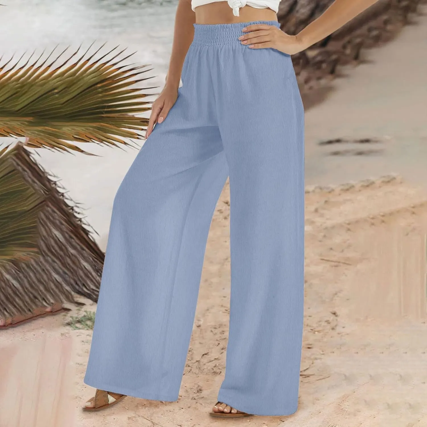 DASAYO Linen Pants Women Smocked High Waisted Palazzo Pants Flowy Suummer Trousers Casual Wide Leg Lounge Pants with Pockets