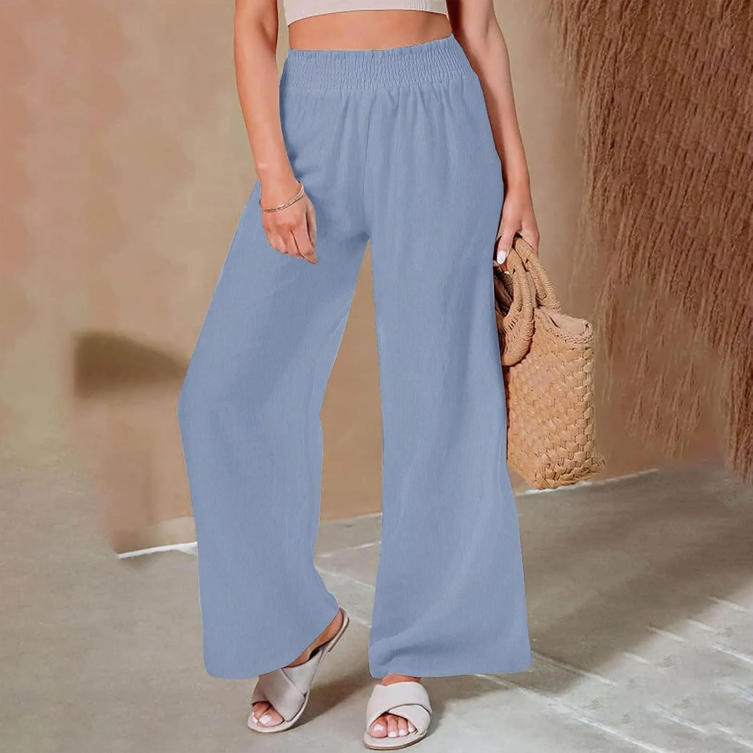 DASAYO Linen Pants Women Smocked High Waisted Palazzo Pants Flowy Suummer Trousers Casual Wide Leg Lounge Pants with Pockets