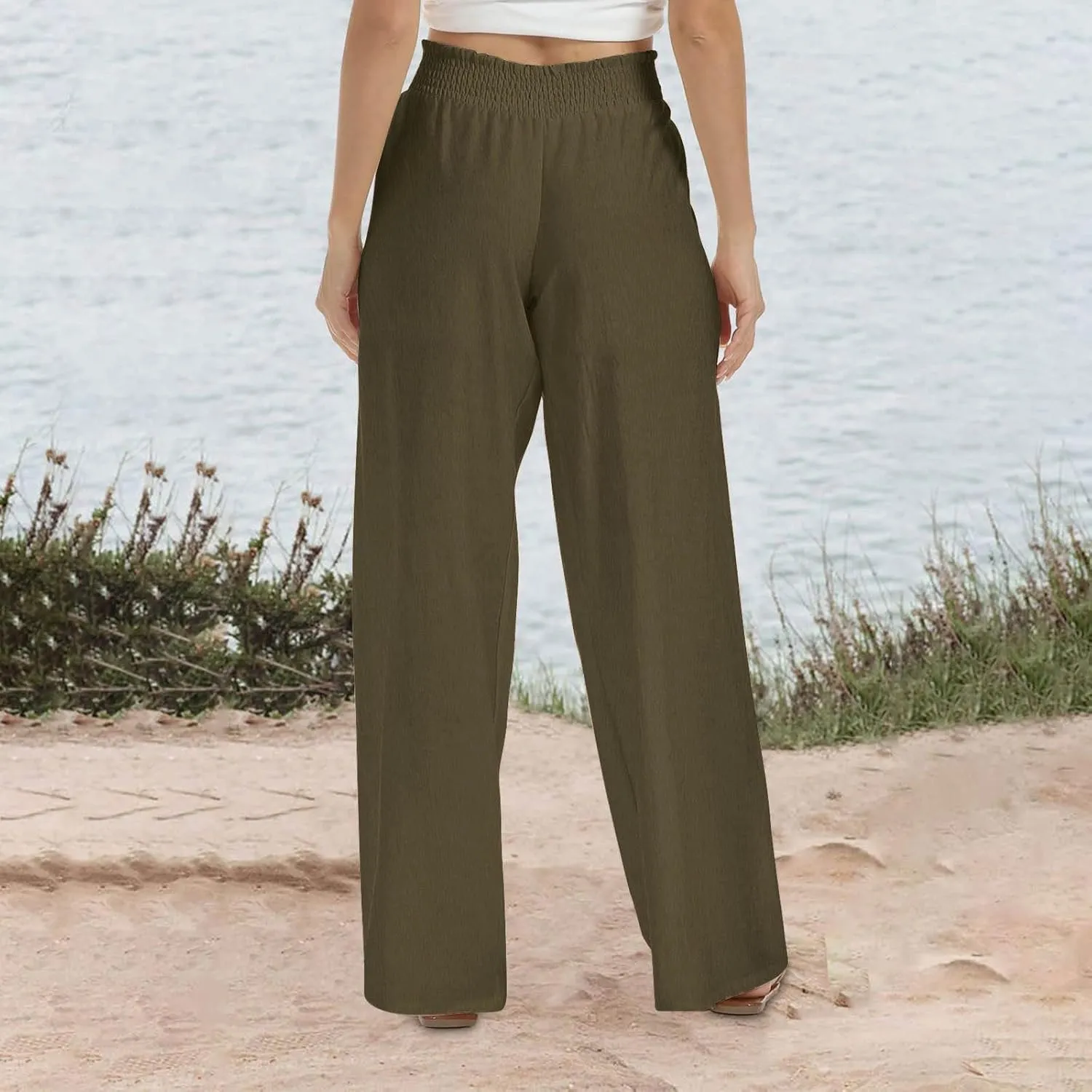 DASAYO Linen Pants Women Smocked High Waisted Palazzo Pants Flowy Suummer Trousers Casual Wide Leg Lounge Pants with Pockets
