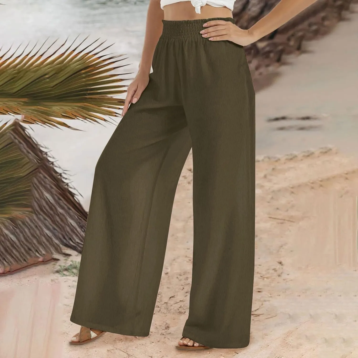 DASAYO Linen Pants Women Smocked High Waisted Palazzo Pants Flowy Suummer Trousers Casual Wide Leg Lounge Pants with Pockets