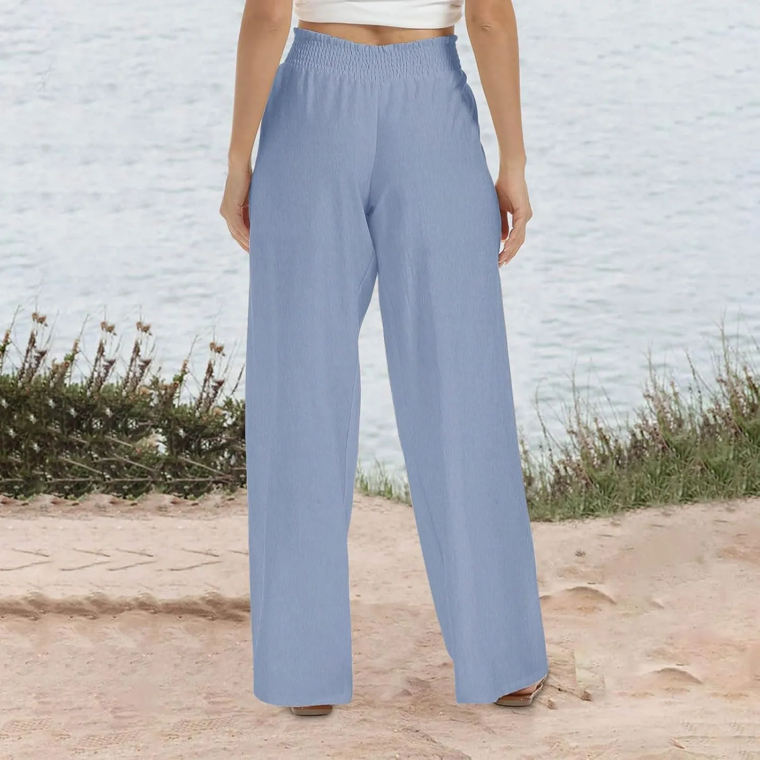 DASAYO Linen Pants Women Smocked High Waisted Palazzo Pants Flowy Suummer Trousers Casual Wide Leg Lounge Pants with Pockets