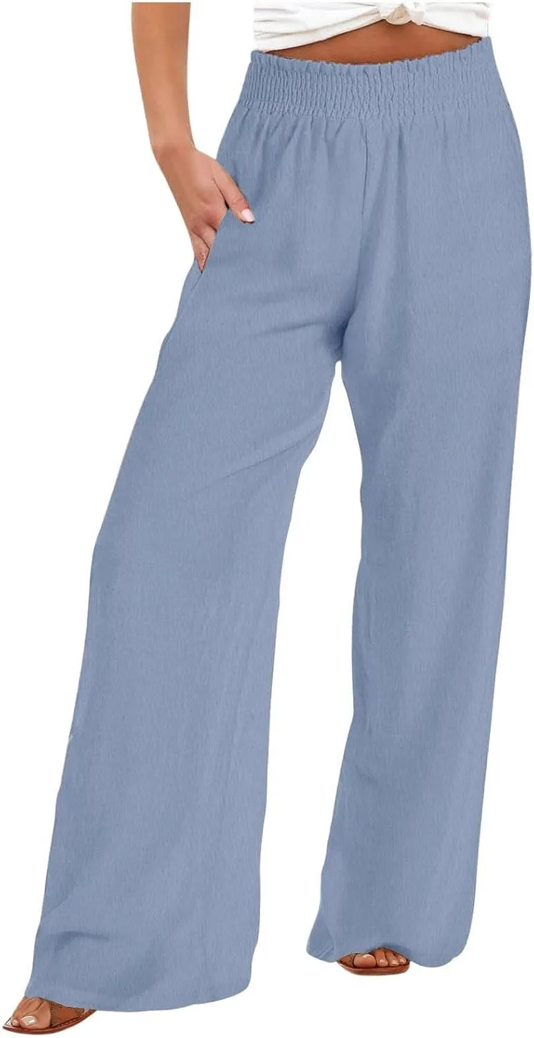 DASAYO Linen Pants Women Smocked High Waisted Palazzo Pants Flowy Suummer Trousers Casual Wide Leg Lounge Pants with Pockets