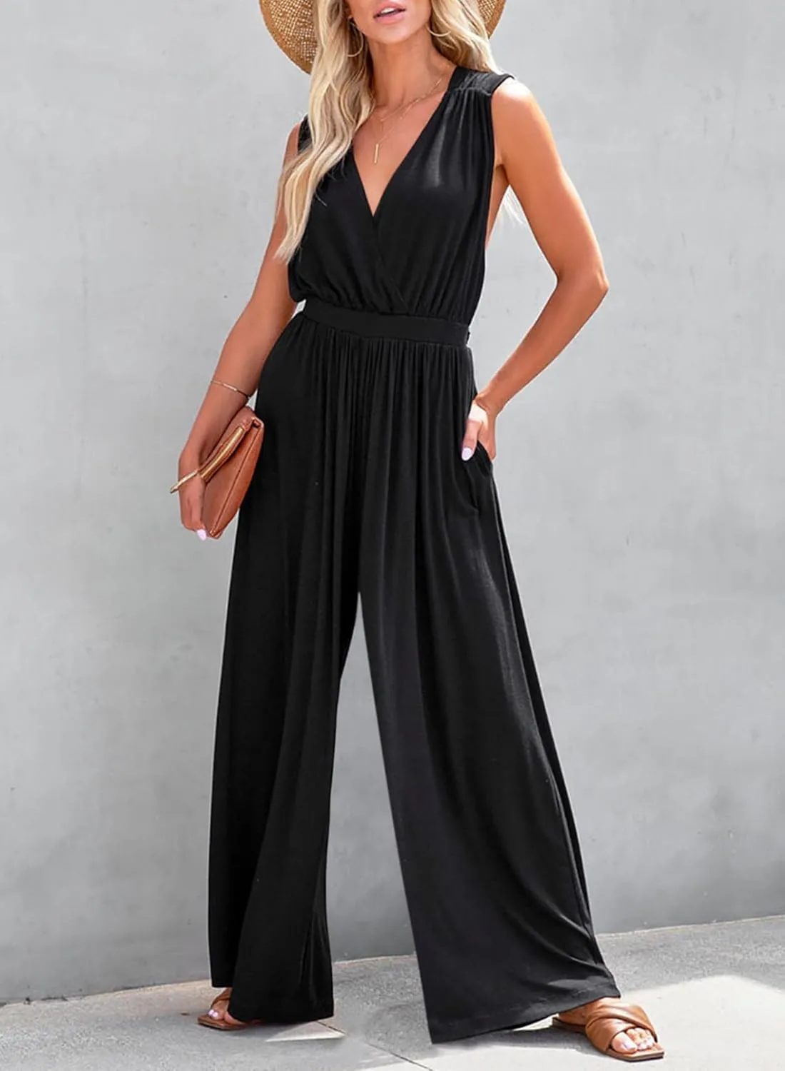Dokotoo Sleeveless Jumpsuit Wrapped V Neck Elegant for Womens Dressy Casual 2025 One Piece Romper Outfits