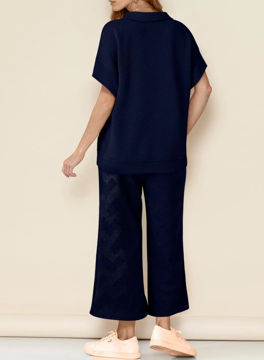 Dokotoo Women's 2 Piece Outfits Sweatsuit Casual Lapel Collar Short Sleeve Tops Drawstring Wide Leg Pant Lounge Sets